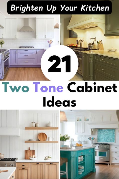 Give your kitchen a modern twist with these two-tone cabinet ideas! From classic combos to vibrant colors, find the perfect mix to make your kitchen stand out. #kitchendesign #twotonekitchencabinets #kitchenmakeover #interiordesignideas #homedecor Ombre Kitchen Cabinets, Kitchen 2 Color Cabinets, Kitchens With Two Color Cabinets, Contrasting Kitchen Cabinet Colors, Two Colour Kitchen Units, Island Different Color Than Cabinets, Two Tone Kitchen Cabinets Wood And White, Cabinet Colors For Small Kitchens, Contrasting Kitchen Cabinets