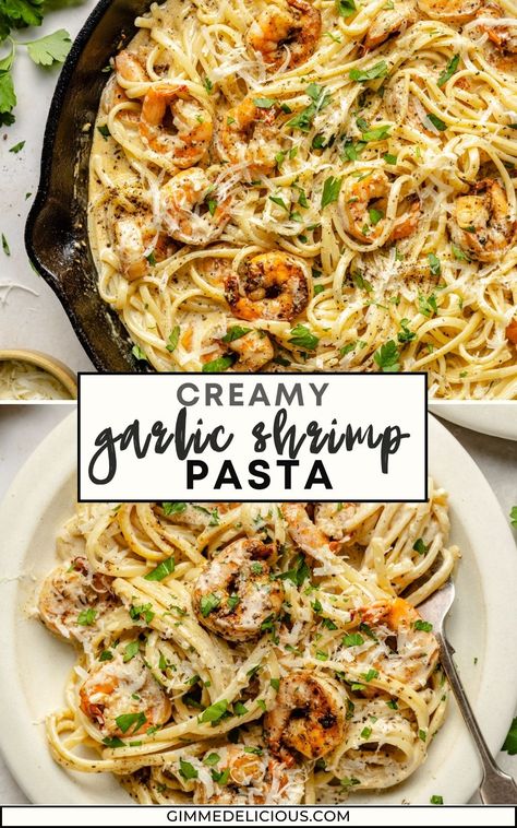 Garlic Shrimp Pasta is easy to make with just a handful of ingredients, and can be on the dinner table in less than 30 minutes! A simple parmesan cheese cream sauce is stirred together, and then tossed with seasoned pan-fried shrimp and linguine noodles. It’s an insanely delicious meal and sure to become a new family favorite! Easy Quick Shrimp Dinners, Easy Meal With Shrimp, Creamy Garlic Parmesan Shrimp Pasta, Creamy Bacon Shrimp Linguine, Garlic Parm Shrimp Pasta, Noodles And Shrimp Recipes, Dinner With Shrimp Easy, Creamy Garlic Butter Shrimp Pasta, Cheap Shrimp Dinners