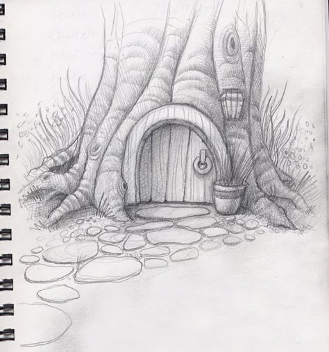 Tree House Drawing, Hobbit Home, Landscape Pencil Drawings, Nature Art Drawings, Fantasy Drawings, Art Drawings Sketches Pencil, Nature Drawing, Pencil Sketches, Landscape Drawings