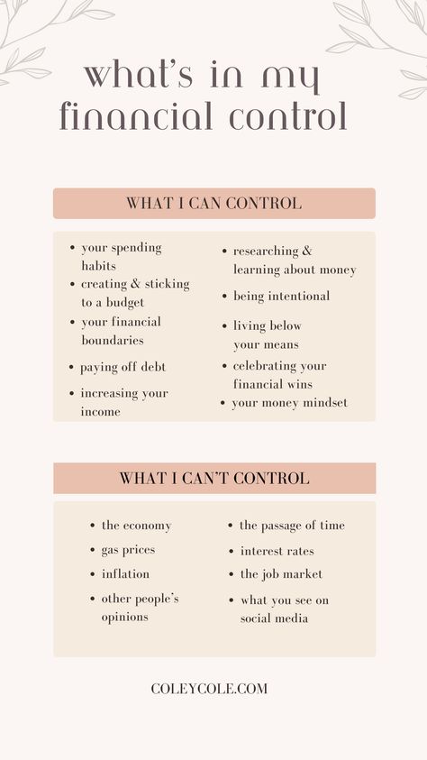 It can be scary when you feel like there's so much outside of your financial control. With rising costs and external pressure from societal expectations, it can feel like too much to effectively manage your money.

Don't give up! There's more within your financial control than you may think. Budgeting, having financial boundaries, increasing your income, and living below your means are all in the realm of your financial control. Learn how to take your financial power back and succeed with money. How To Live Below Your Means, Money Boundaries, Financial Boundaries, Financial Control, Take Back Your Power, Live Below Your Means, Money Saving Methods, Living Below Your Means, Finance Goals