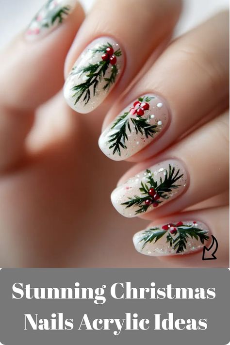 Get in the festive spirit with these beautiful Christmas nail designs! From simple and elegant to bold and glittery, we have inspiration for everyone. Whether you prefer red, green, or classic acrylic styles, there's a Christmas nail design here for you. Perfect for short nails or longer lengths, these holiday manicures will complete your winter look. Try out a new Christmas nail idea this season and show off your holiday spirit with style! Christmas Holly Nails Designs, Christmas Nail Ideas Green And Red, Christmas Nails With Holly Berry, Mistle Toe Christmas Nails, Christmas Nails Holly Leaf, Holly And Ivy Nails, Holly Berry Nail Art, Wreath Christmas Nails, Wreath Nails Christmas