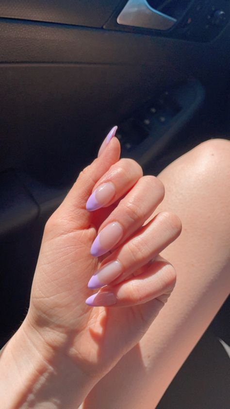 Purple Almond Tips, Almond Lilac French Tip Nails, Nails Acrylic Purple Almond, Almond Nails French Tip Purple, French Tip Acrylic Nails Almond Color, Almond Purple French Tip Nails, Purple Almond French Tip Nails, Colored Tips Nails Almond, Purple Almond Nail Ideas