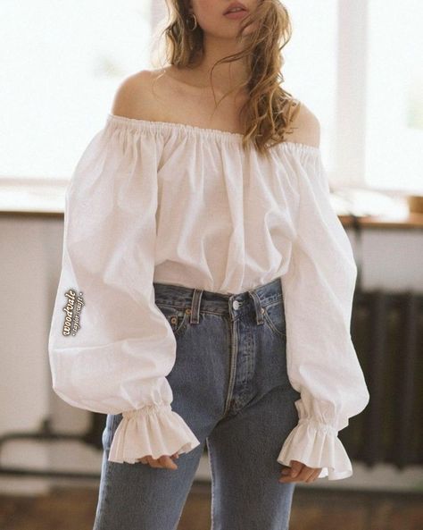 Poofy Sleeve Shirt, Puffed Sleeves Blouse, Puffy Sleeve Shirt, Off The Shoulder Top Outfit, Poofy Sleeves, Linen Slip Dress, White Linen Blouse, Etsy Clothes, Hippie Blouse