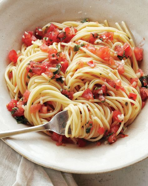 The Most-Pinned Martha Stewart Recipes of 2015 | Martha Stewart Fresh Tomato Pasta, Fresh Tomato Recipes, Turkey Meatball Recipe, Martha Stewart Recipes, Fresh Tomato Sauce, Tomato Pasta Sauce, Tomato Sauce Recipe, Pasta Dinners, Pasta Dinner Recipes