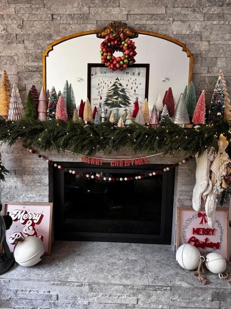 Fire Mantel Christmas Decor, Holiday Decor Mantle, Mantle Mirror Christmas Decor, Modern Christmas Mantel, Christmas Tree Mantle Decor, Traditional Christmas Mantle Decor, Christmas Floating Shelves Decor, Stone Fireplace Christmas Decor, Whimsical Christmas Mantle