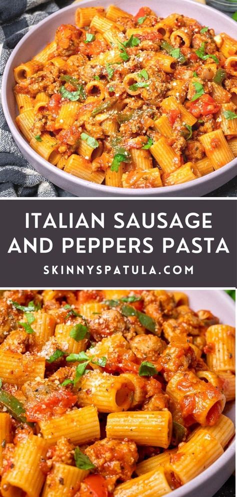 Pasta Sausage Peppers, Recipes Using Ground Hot Italian Sausage, Pasta And Sausage Recipe, One Pot Sausage And Peppers Pasta, Easy Recipe With Italian Sausage, Sausage Peppers Pasta Recipes, Mild Italian Sausage Recipes Dinners Pasta Dishes, Sausage And Peppers Over Pasta, Pasta Recipes With Peppers