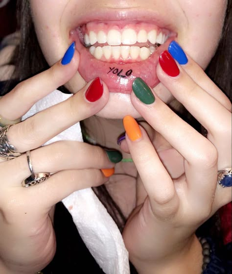 Underlip Tattoos, Yolo Tattoos Ideas, Fbgm Tattoos, Yolo Tattoos For Women, Yolo Tattoo Design, Lip Tats, Yolo Lip Tattoo, Inside Lip Tattoos Aesthetic, Tattoo Inside Lip