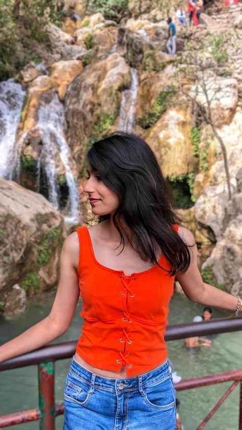 This is Neergarh waterfall in Rishikesh, #Rishikesh#waterfall#pose ideas# photography Poses In Waterfall, Rishikesh Photography Ideas, Poses Near Waterfall, Waterfall Poses Photo Ideas, Laxman Jhula Rishikesh, Rishikesh Photography, Waterfall Picture Ideas, Waterfall Poses, Waterfall Pictures