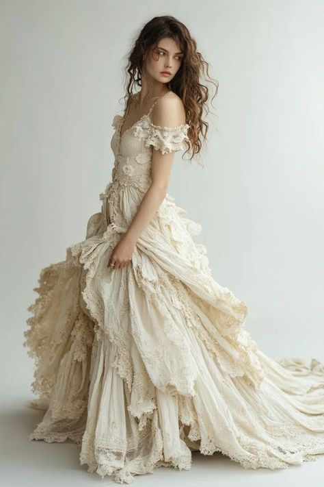 Goddess Inspired Wedding Dress, Dramatic Wedding Dress Ballgown, Cream Wedding Dress Vintage, Modern Victorian Wedding Dress, Romantic Ethereal Style, Running In Dress, Fae Wedding Dress, Cream Colored Wedding Dress, Weird Wedding Dress