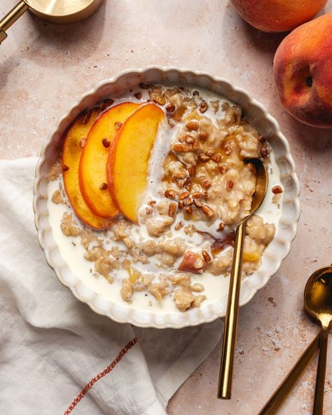 Peaches Breakfast, Oatmeal With Peaches, Peaches And Cream Oatmeal, Comforting Breakfast, Peach Oatmeal, Oatmeal Flavors, Best Fish Recipes, Frozen Peaches, Winter Salad Recipes