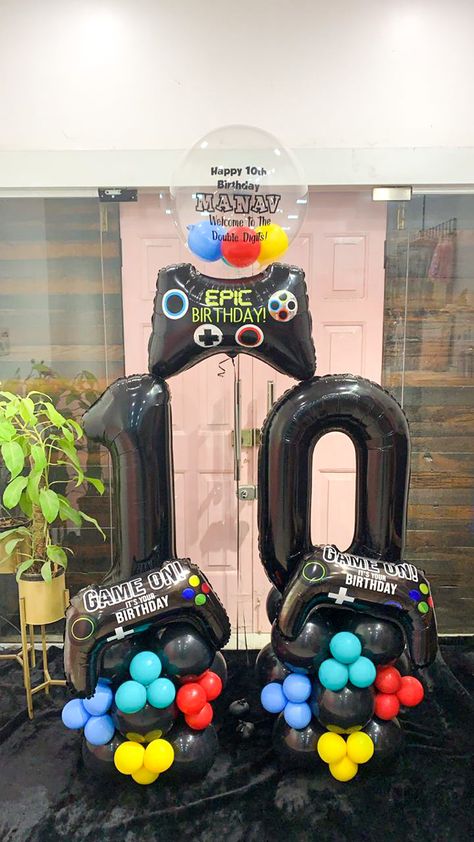 Video Games, Game Lover, Birthday, Decor, Celebration, Personalised Gifts, Balloon Bouquet Game Over Birthday Party Ideas, Gaming Party Decorations Ideas, Gaming Balloon Arch, Blue Green Black Balloon Garland, Play Station Birthday Party Decorations, Gamer Balloon Decor, Gaming Birthday Party Decorations, Gamer Party Decorations Diy, Video Games Theme Party