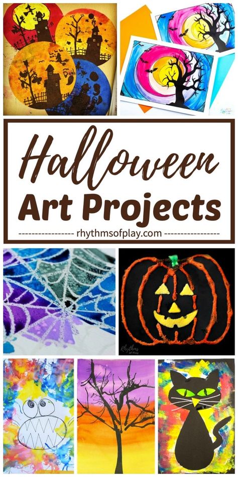 Halloween Art Projects Kids LOVE! Here's a round-up of some spooky and friendly Halloween art ideas, too! These fun art pieces and painting ideas include pumpkins, bats, cats, witches, monsters, spider webs, and silhouette art! | #HappyHalloween #HalloweenArt #KidsArt #ArtForKids #HalloweenFun #HalloweenDecor #HalloweenCraft #HalloweenParty #CraftForKids #KidsCrafts Kids Halloween Art, Halloween Monsters Art, Grade 6 Halloween Art Projects, Halloween Art Grade 2, Kinder Halloween Art Projects, Elementary Halloween Art Lesson, Halloween Bat Art Projects For Kids, Halloween Art Lessons, Halloween Art Projects