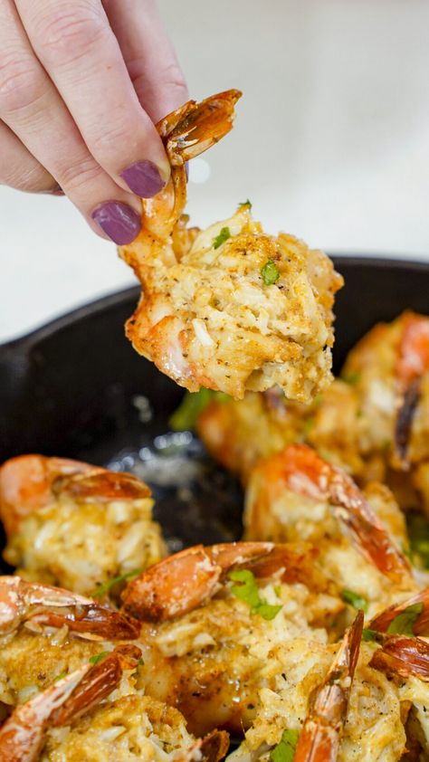 Baked Jumbo Stuffed Shrimp Recipe with Crabmeat | Couple in the Kitchen Stuff Fish With Crabmeat, Cream Cheese Stuffed Shrimp, Smoked Crab Stuffed Shrimp, Sea Food Meals, Seafood Stuffed Peppers, Make Ahead Shrimp Recipes, Jumbo Shrimp Recipes Easy, Crab And Shrimp Stuffed Bell Peppers, Shrimp Kisses