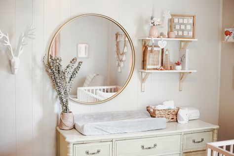 Gender Neutral Nursery Inspiration, Nursery Wall Shelf, Nursery Mirror, Baby Room Shelves, Shower 2023, Twins Nursery, Girly Nursery, Ikea Nursery, Baby Girl Nursery Ideas