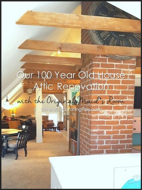 We started the renovation on our 100 year old house 3 years ago, and the attic renovation was an amazing transformation! It was transformed from a basically unusable space to this charming vaulted ceiling, exposed brick chimney family room. Here’s what we did… When we first started the attic renovation, we … Victorian Attic, Attic Suite, Attic Storage Ideas, Attic Rooms Slanted Walls, 100 Year Old House, Old Attic, American Foursquare, Attic Renovation Ideas, Slanted Walls