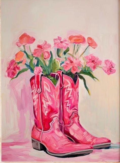 Cowboy Boots With Flowers Painting, Cowgirl Boots Illustration, Cowgirl Boot Illustration, Boots With Flowers Drawing, Boots With Flowers Painting, Pink Country Aesthetic, Cowgirl Boots Drawing, Cowgirl Boot With Flowers, Cowboy Boots Painting