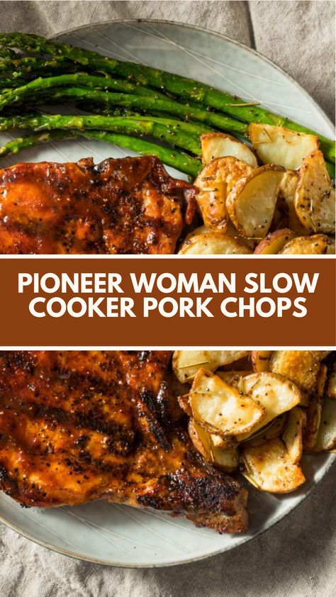 Pioneer Woman Slow Cooker Pork Chops are made with seasoned, thick boneless pork chops, garlic, and chicken broth. Serves 6 and takes about 6-8 hours on low or 3-4 hours on high in the slow cooker perfect for tender, flavorful pork chops. Porkchops Crockpot Bone In, Healthy Tender Pork Chops, Best Slow Cooker Pork Chops, Slow Cooker Pork Chops And Rice Recipes, Keto Slow Cooker Pork Chops, Tender Crockpot Pork Chops, Pork Chop Crop Pot Recipes, Pork Chops With Apples Crockpot, Boneless Pork Loin Chops Recipes Slow Cooker