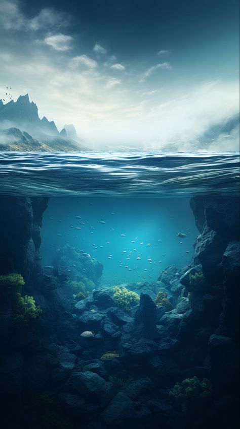 Above And Below Water Art, Underwater Landscape Illustration, Underwater Background Drawing, Underwater Scene Painting, Half Underwater Photography, Under Sea Wallpaper, Ocean Floor Drawing, Underwater Digital Art, Under Water Drawing