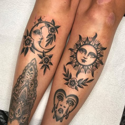 Old School Sun And Moon Tattoo, Moon Elbow Tattoos For Women, Sun Moon Tattoo Traditional, Tradition Leg Tattoo, Traditional Style Sun And Moon Tattoo, Traditional Style Mandala Tattoo, Traditional Style Sun Tattoo, Matching Calf Tattoos For Women, American Traditional Sticker Sleeve