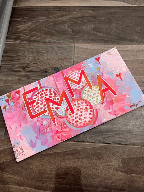 Cute Dorm Room Paintings, Preppy Painting Collage, Names Painted On Canvas, Cute Painting For Room, Dorm Room Diy Decorations Crafts, Diy Room Painting Ideas Canvas, Easy Dorm Paintings, Name Paintings On Canvas Ideas, Pink And Orange Canvas Paintings