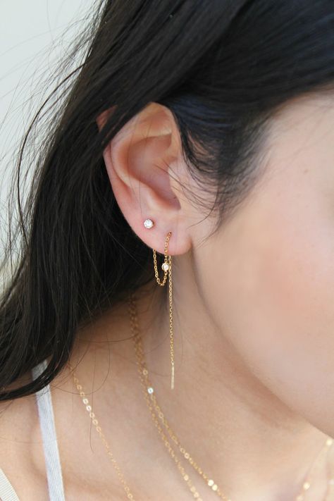 2 Ear Piercings, 3 Ear Piercings, Two Piercings, Double Pierced Earrings, Second Ear Piercing, Double Stud Earrings, Earring Stacks, Embossed Jewelry, Threader Earrings Gold