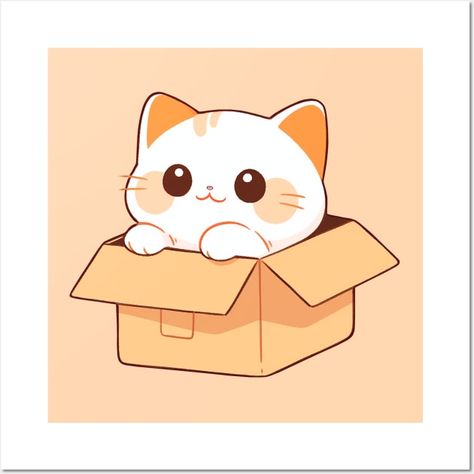 Cute Cat In A Box - Cute Cat - Posters and Art Prints | TeePublic Cute Cat Art Cartoon, Cat In Box Drawing, Cat In A Box Drawing, Draw So Cute Animals, Cute Cat Art Kawaii, Chat Box Design, Cat Cute Art, Cute Art Inspiration, Cat Cartoon Cute