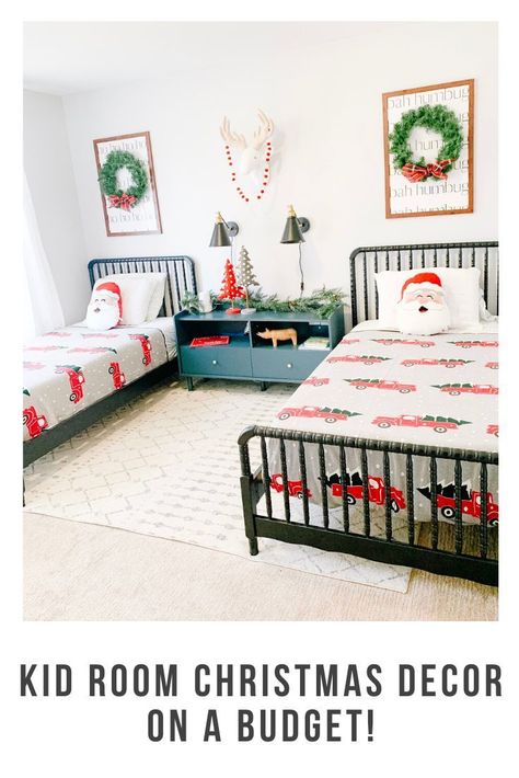 Decorate your kids room for Christmas on a budget! Great ideas for a boys room. Kids Christmas Bedroom, Christmas Kids Room, Christmas Sheets, Room Christmas Decor, Room Boys, Christmas Decorations Bedroom, Christmas Room Decor, Christmas Board, Christmas Bedroom