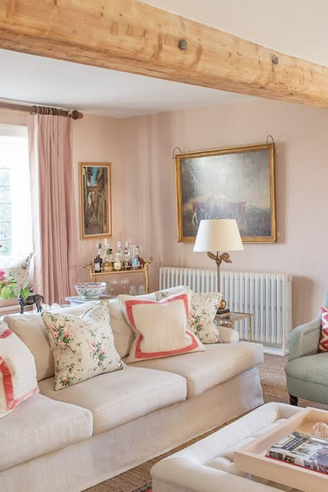 pretty in pink, shades of pink, traditional Pink Painted Living Room, Transitional Aesthetic Living Room, Soft Pink Walls Living Room, Dusty Pink Sitting Room, Soft Pink Dining Room, Farrow And Ball Pink Living Room, Pink Cottage Core Living Room, Honey Living Room, Pink Traditional Bedroom