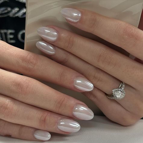 white pearl 🤍 #rgvnails Elegant Nails Pearl, Wedding Nails Pearls For Bride, Pearl Like Nails, Short Almond Pearl Nails, Pearly Nails White, Pearl White Gel Nails, Short Pearly Nails, Simple Nails With Pearls, Pearly White French Tip Nails