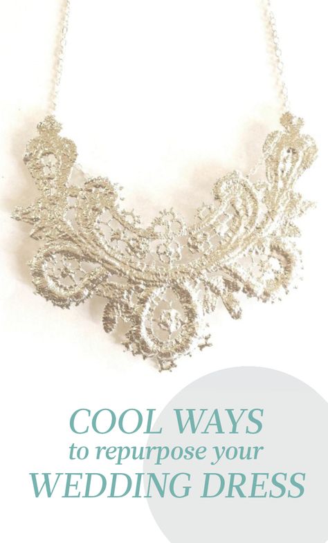 5 Insanely Cool Things You Can Do With Your Wedding Dress | Martha Stewart Weddings - Creative ideas for repurposing your gown. Adding Buttons To Wedding Dress, Wedding Dress Reuse Ideas, Wedding Dress Wall Art, Lace Wedding Dress Jewelry Ideas, Wedding Dress Recycle Ideas, What To Do With My Wedding Dress, Upcycling Wedding Dress, What To Do With An Old Wedding Dress, What To Do With Wedding Dress