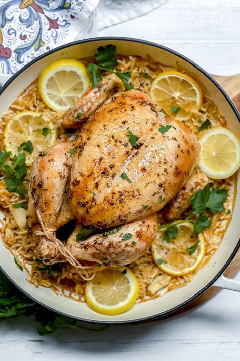 Roast Chicken With Orzo, Greek Lemon Roasted Chicken, Mediterranean Whole Chicken, Mediterranean Whole Chicken Recipes, Greek Chicken With Orzo, Chicken With Lemon Orzo, Greek Roast Chicken, Chicken Lemon Orzo, Greek Roasted Chicken