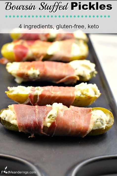 These 4 ingredient Boursin Stuffed Pickles are not only easy to make, they are only 4 ingredients, low carb (Keto) and gluten-free! #stuffedpickles #dillpickles #pickles #boursincheese #appetizer #keto #lowcarb #prosciutto #glutenfree Stuffed Pickles, Boursin Cheese Appetizers, Boursin Cheese Recipes, Pickle Appetizers, Appetizer Board, Soup Appetizers, Gluten Free Appetizers, Boiled Egg Diet Plan, Low Carb Appetizers