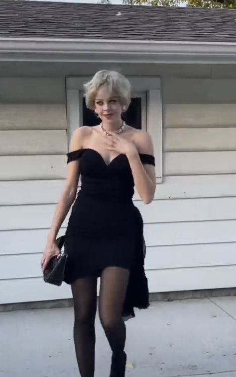 Revenge Dresses Outfits, The Revenge Dress, Dress For Revenge, Revenge Prom Dress, Revenge Dress Outfits, Revenge Dress Aesthetic, Princess Diana Halloween, Princess Diana Black Dress, Short Hair Dress Outfit