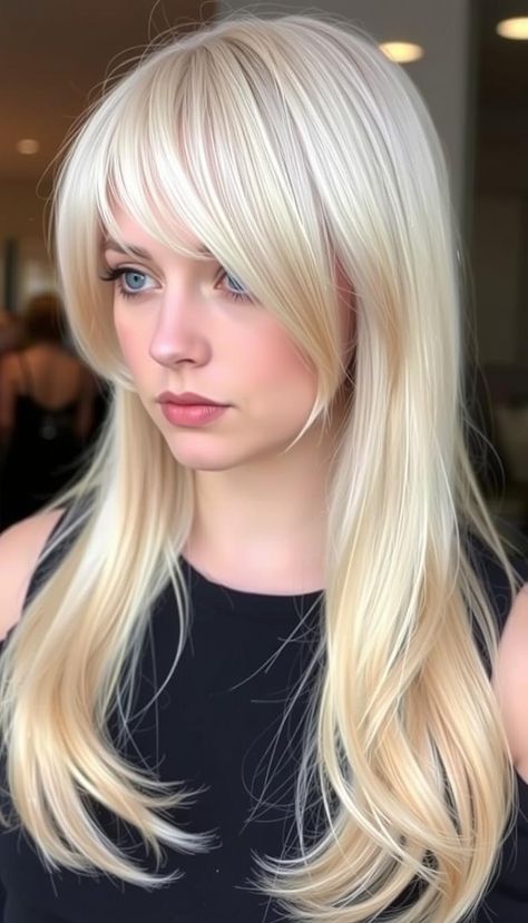 Long soft side-parted retro curtain bangs for a chic and relaxed look 💖 #SoftSidePartedRetroCurtainBangs #ChicHair Side Bangs Blonde Hair, Modern Side Bangs, Blonde Side Bangs, Curtain Bangs Hairstyle, Blonde Fringe, 2000s Hair, Long Side Bangs, Retro Curtains, Bangs Hairstyle