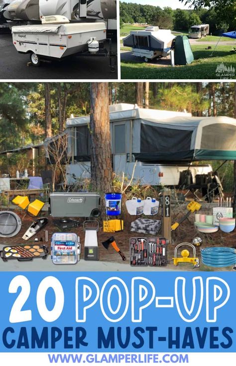 20 Pop-Up Camper Must-Haves - Glamper Life Small Pop Up Campers, Tent Trailer Remodel, Tent Trailer Camping, Camper List, Best Pop Up Campers, Pop Up Remodel, Pop Up Camper Ideas, Pop Up Camper Remodel, Camping In A Tent