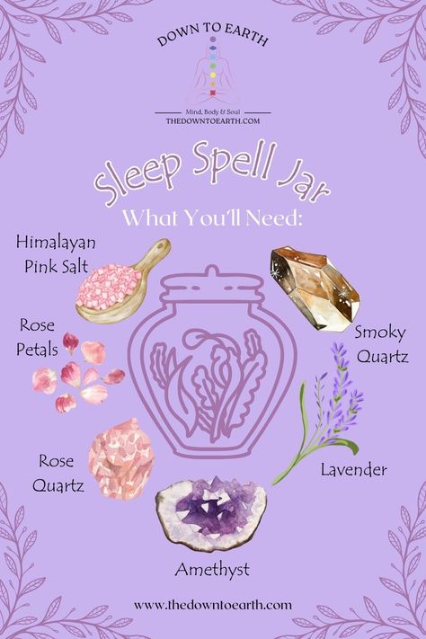 "Graphic showing items to include in a sleep spell jar: amethyst, rose quartz, Himalayan pink salt, and rose petals. The items are arranged with labels and decorative elements." - Down to Earth. Spell Jar For Sleep, Ingredients For Spell Jars, Sleep Spell Jar, Sleep Spells, Sleeping Spell, Witch Guide, Christian Witch, Calming Jar, Spiritual Elevation