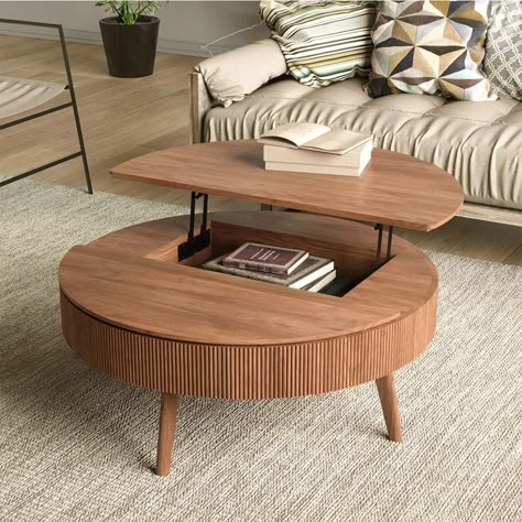 Hernest | Round Lift Top Solid Wood Table, Pop-up Top with Hidden Storage Coffee Table, Mid-Century Walnut Coffee Table for Living Room. Small Storage Coffee Table, Functional Coffee Table, Lift Up Coffee Table, Table With Hidden Storage, Coffee Table With Hidden Storage, Coffee Table Inspiration, Lift Coffee Table, Storage For Living Room, Storage Coffee Table