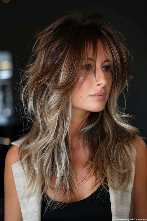 Must-Try Shag Haircuts and Hairstyles in 2024 Medium Hair Fringe Layers, Shag Ombre Hair, Original Shag Haircut, Long Shag Haircut Fine Hair Over 50, Balayage On Shag Haircut, Trendy Shaggy Hairstyles, Long Hair With Heavy Layers, Cameron Diaz Haircut, Shag Hairstyles Long Hair