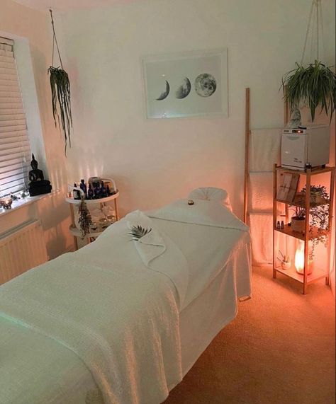 Zen Facial Rooms, Esthetician Room Bedding, Aesthetician Room Set Up, Massage Therapy Home Office, Spiritual Esthetician Room, Esthetician Room In Home, Esthetician Bed Ideas, Spa Therapist Aesthetic, Small Massage Studio Ideas