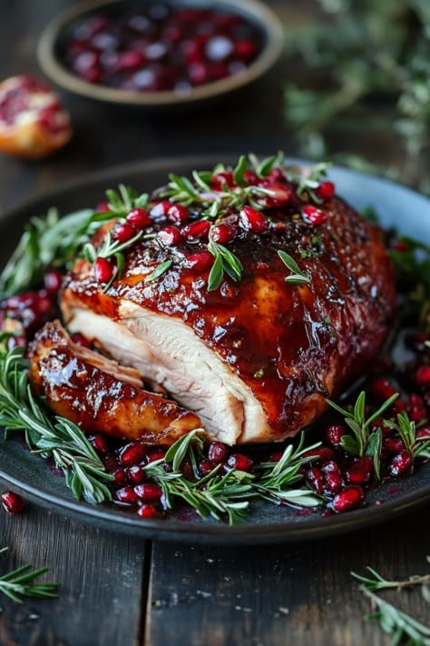 Roasted turkey breast garnished with rosemary and pomegranate seeds. Christmas Meal Plan, Christmas Dinner Meals, Boxing Day Buffet Ideas, Christmas Food Recipes Dinners, Christmas Dinner For 2, Country Style Dinner, Glazed Turkey Breast, Glazed Turkey, New England Food