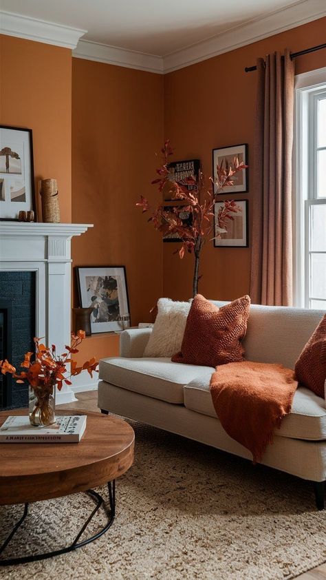 Burnt Orange Sofa Living Room Ideas, Burnt Orange Living Room, Fall Living Room Ideas, Cosy Snug, Orange Living Room, Valley House, Simple Fall Decor, Interior Design Living Room Modern, Podcast Ideas