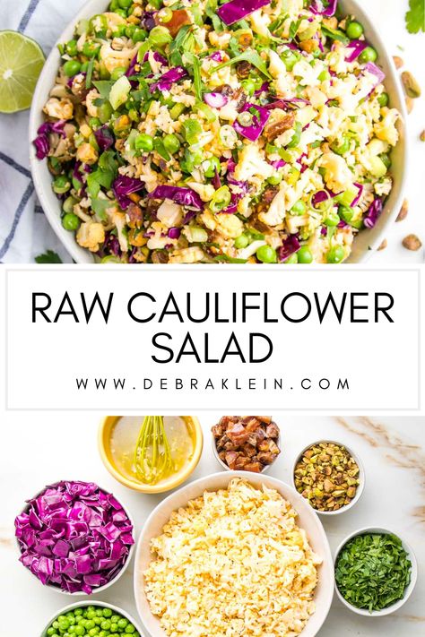 Close up of a bright yellow, green and purple raw cauliflower salad. Coliflower Salad Recipes Raw, Califlower Recipes Raw, Raw Cabbage Salad Recipes, Gut Friendly Salad, Vegan Cauliflower Salad, Raw Vegan Holiday Recipes, Raw Salad Ideas, Cauliflower Salad Recipe Healthy, Raw Cauliflower Recipes