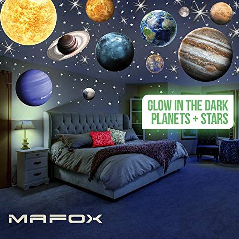 MAFOX Glow in The Dark Planets, Bright Solar System Wall Stickers -Sun Earth Mars and so on,9 Glowing Ceiling Decals ... Ceiling Decals, Solar System Room, Galaxy Bedroom, Dark Room Decor, Baby Wall Stickers, Galaxy Decor, Dark Planet, Brick Patterns Patio, Space Themed Bedroom