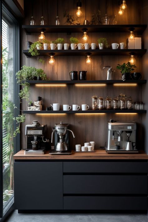 coffee bar ideas coffee aesthetic 
kitchen interior modern design house design home interior design Espresso Decor Ideas, Restaurant Coffee Station, Coffee And Drink Bar Station, Ikea Breakroom, Reception Area Coffee Station, Coffee Section Kitchen, Pantry Coffee Bar Ideas, Kitchen Coffee Bar Station, Espresso Set Up