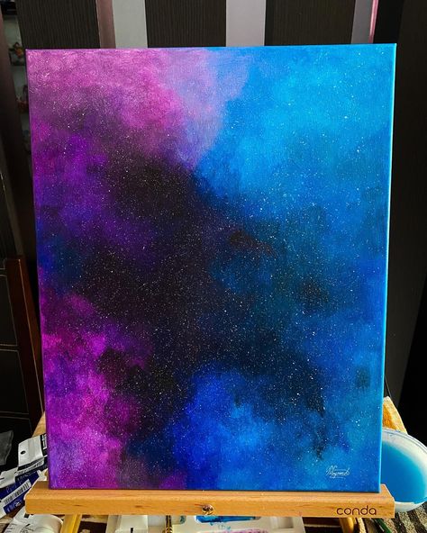 Galaxy Diy Crafts, Galaxy Painting On Canvas, Outerspace Paintings Acrylic, Galaxy Canvas Painting Easy, Space Paintings Easy, Trippy Galaxy Painting, Physics Painting Ideas, Gaxaly Painting, Galaxy Art Painting Easy