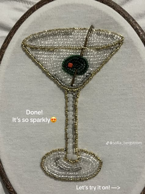 Beaded Martini Shirt, Embroidery With Pearls Ideas, Diy Pearl Embroidery, Martini Beaded Embroidery, Pearls Embroidery Designs, Beaded Tops Diy, Beading Projects On Fabric, Diy Beaded Embroidery, How To Do Beaded Embroidery