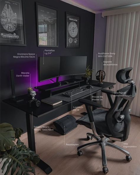 Black Gamer Room, Pc Gaming Setup Black, Desk Ideas Black, Trading Office Setup, Black Pc Setup, Computer Setup Aesthetic, Black Gaming Setup, Black Desk Setup, Home Office Gamer