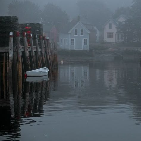 The Silt Verses Aesthetic, Fishing Village Aesthetic, Foggy Village, Houses On Water, New England Gothic, Fishing Aesthetic, Maine Aesthetic, Fishing Town, Nautical Aesthetic