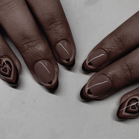 Brown Almond Nails With Heart, Dark Brown Nails Short, Brown Heart Aesthetic, Academia Nails, Heart Aesthetic, Brown Heart, Minimal Nails Art, Handwriting Practice Sheets, Coffee Nails