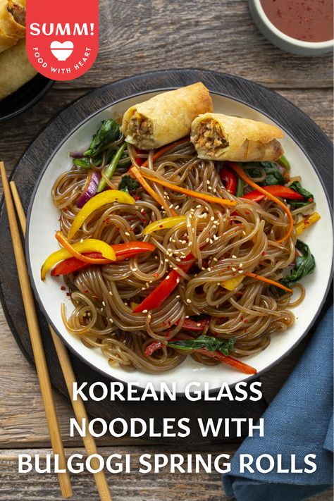 Enjoy your Beef Bulgogi Spring Rolls with a classic Japanchae. Japanchae is a popular Korean Glass Noodle dish made from sweet potato starch noodles. Try this easy recipe and impress your friends and family! Glass Noodle Spring Roll, Chinese Glass Noodle Recipes, Stir Fry Glass Noodles Recipe, Beef Glass Noodles Stir Fry, Potato Starch Noodles, Stir Fry Glass Noodles, Korean Glass Noodles, Noodle Dish, Potato Starch